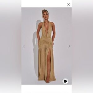 Deep V Halter Sparkle Maxi Dress in Gold